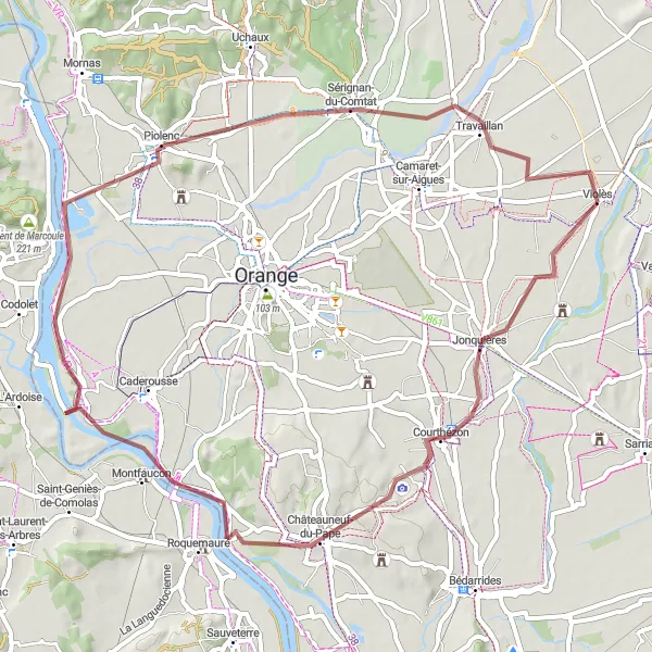 Zemljevid v pomanjšavi "Gravla Route: Violès - Belvédère - Courthézon - Châteauneuf-du-Pape - Montfaucon - Piolenc - Sérignan-du-Comtat - Travaillan - Violès" kolesarske inspiracije v Provence-Alpes-Côte d’Azur, France. Generirano z načrtovalcem kolesarskih poti Tarmacs.app
