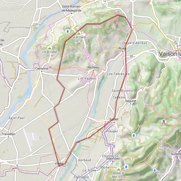 Miniature de la carte de l'inspiration cycliste "Parcours VTT à travers Table d'orientation et Roaix" dans la Provence-Alpes-Côte d’Azur, France. Générée par le planificateur d'itinéraire cycliste Tarmacs.app