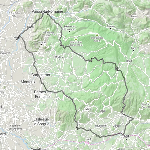 Map miniature of "Les Dentelles de Montmirail Circuit" cycling inspiration in Provence-Alpes-Côte d’Azur, France. Generated by Tarmacs.app cycling route planner