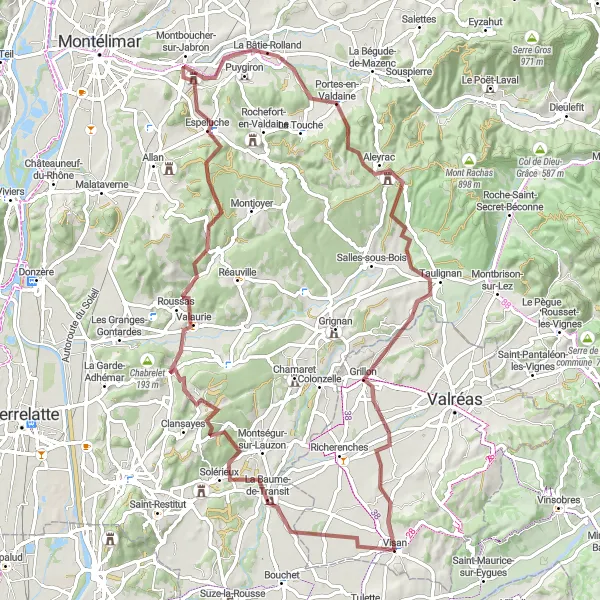 Kartminiatyr av "Äventyrliga grusvägar nära Visan" cykelinspiration i Provence-Alpes-Côte d’Azur, France. Genererad av Tarmacs.app cykelruttplanerare