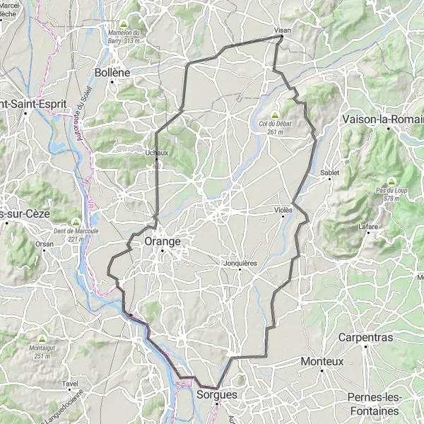 Kartminiatyr av "Visan til Château de Suze la Rousse" sykkelinspirasjon i Provence-Alpes-Côte d’Azur, France. Generert av Tarmacs.app sykkelrutoplanlegger