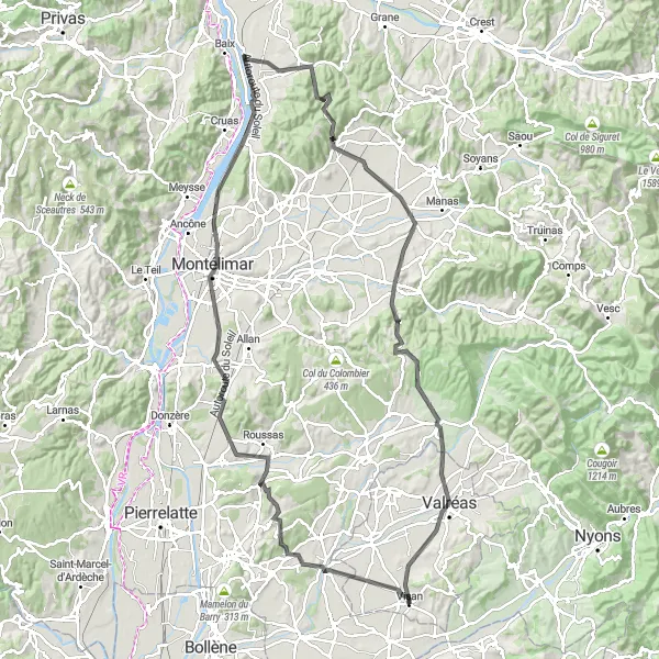 Zemljevid v pomanjšavi "Kolesarska pot okoli Drôme Valley" kolesarske inspiracije v Provence-Alpes-Côte d’Azur, France. Generirano z načrtovalcem kolesarskih poti Tarmacs.app