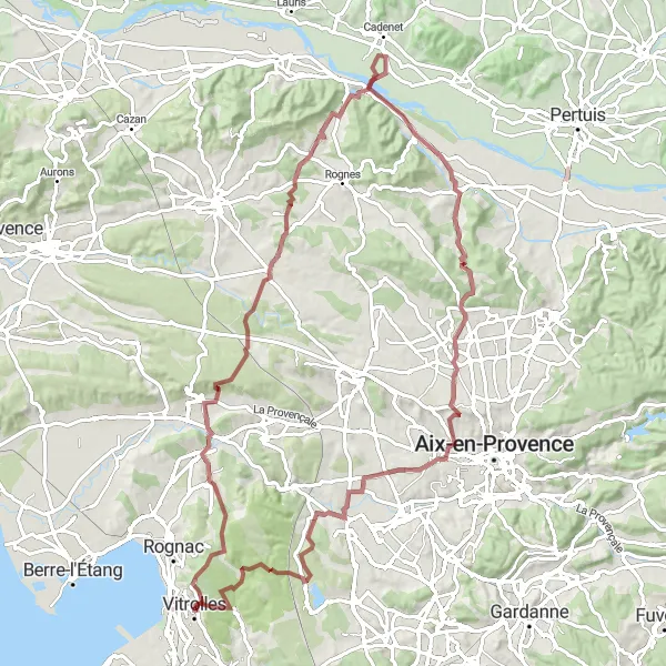 Kartminiatyr av "Lang Gravel Cycling Route fra Velaux til Puyricard" sykkelinspirasjon i Provence-Alpes-Côte d’Azur, France. Generert av Tarmacs.app sykkelrutoplanlegger