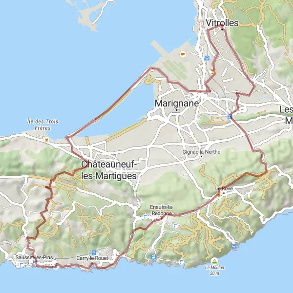 Kartminiatyr av "Grusvei eventyr i nærheten av Vitrolles" sykkelinspirasjon i Provence-Alpes-Côte d’Azur, France. Generert av Tarmacs.app sykkelrutoplanlegger