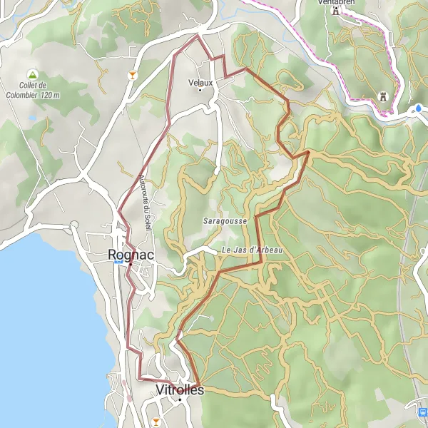Mapa miniatúra "Gravel výlet okolo Rognac" cyklistická inšpirácia v Provence-Alpes-Côte d’Azur, France. Vygenerované cyklistickým plánovačom trás Tarmacs.app