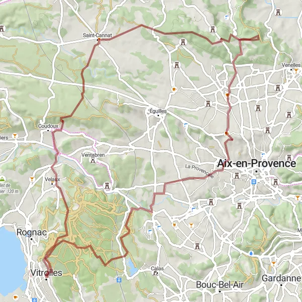 Map miniature of "Challenging Gravel Loop via Puyricard" cycling inspiration in Provence-Alpes-Côte d’Azur, France. Generated by Tarmacs.app cycling route planner