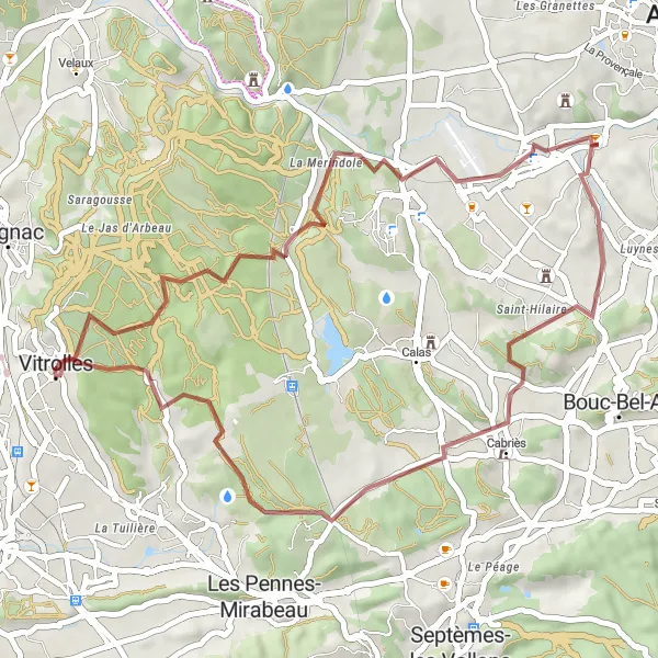 Mapa miniatúra "Gravelová trasa cez Les Milles" cyklistická inšpirácia v Provence-Alpes-Côte d’Azur, France. Vygenerované cyklistickým plánovačom trás Tarmacs.app