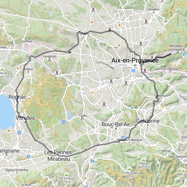Mapa miniatúra "Okruhová cyklotrasa Vitrolles - Rognac - Aix-en-Provence" cyklistická inšpirácia v Provence-Alpes-Côte d’Azur, France. Vygenerované cyklistickým plánovačom trás Tarmacs.app