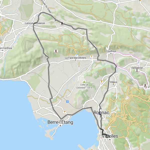 Map miniature of "Vitrolles to Berre-l'Étang Loop" cycling inspiration in Provence-Alpes-Côte d’Azur, France. Generated by Tarmacs.app cycling route planner