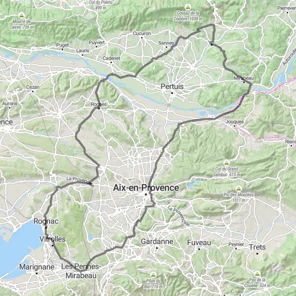 Map miniature of "Challenging Ride through Provencal Landscapes" cycling inspiration in Provence-Alpes-Côte d’Azur, France. Generated by Tarmacs.app cycling route planner