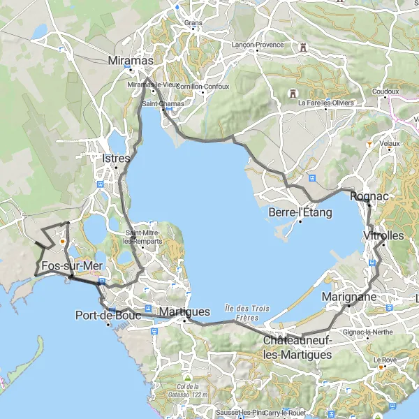 Zemljevid v pomanjšavi "Kolesarska pot preko Marignane in Saint-Chamas" kolesarske inspiracije v Provence-Alpes-Côte d’Azur, France. Generirano z načrtovalcem kolesarskih poti Tarmacs.app