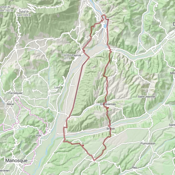 Mapa miniatúra "Okruh na bicykli blízko Volonne (štrková cesta)" cyklistická inšpirácia v Provence-Alpes-Côte d’Azur, France. Vygenerované cyklistickým plánovačom trás Tarmacs.app