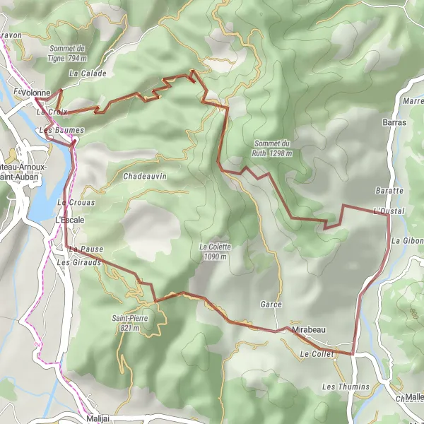 Map miniature of "Ruins and Escarpments Gravel Loop" cycling inspiration in Provence-Alpes-Côte d’Azur, France. Generated by Tarmacs.app cycling route planner