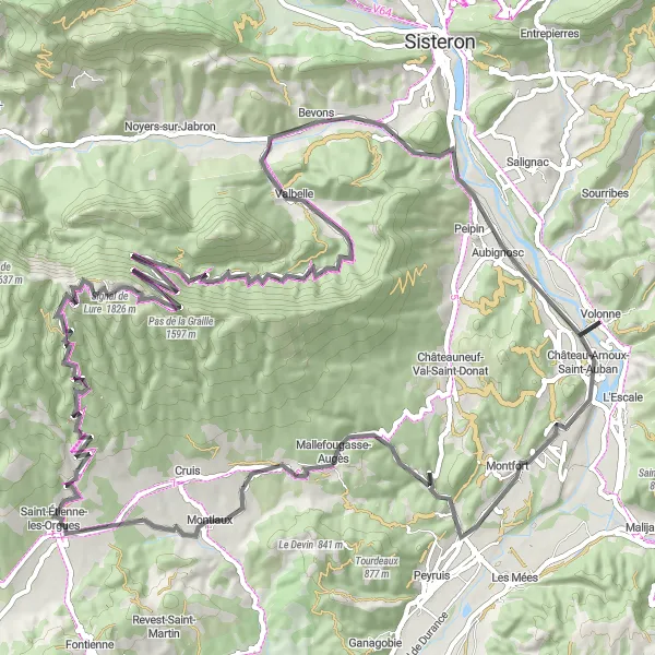 Mapa miniatúra "Okruh na bicykli blízko Volonne (cesta)" cyklistická inšpirácia v Provence-Alpes-Côte d’Azur, France. Vygenerované cyklistickým plánovačom trás Tarmacs.app