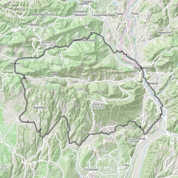 Miniaturní mapa "Okruh kolem Volonne - Château-Arnoux-Saint-Auban" inspirace pro cyklisty v oblasti Provence-Alpes-Côte d’Azur, France. Vytvořeno pomocí plánovače tras Tarmacs.app