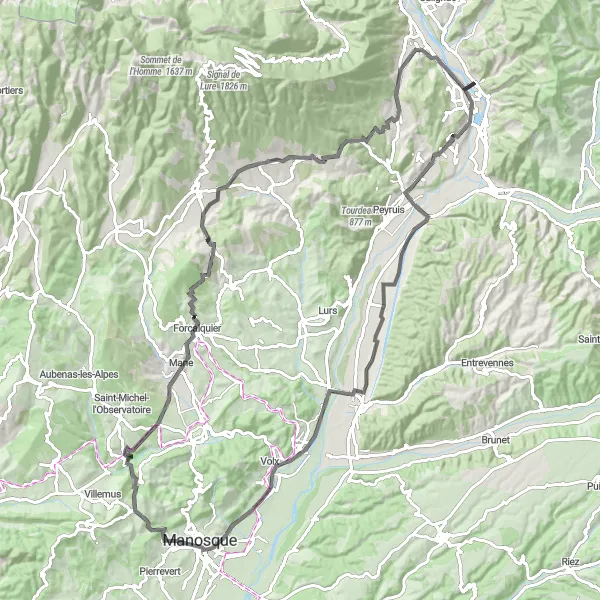 Miniatua del mapa de inspiración ciclista "Ruta de Volonne a Aubignosc" en Provence-Alpes-Côte d’Azur, France. Generado por Tarmacs.app planificador de rutas ciclistas