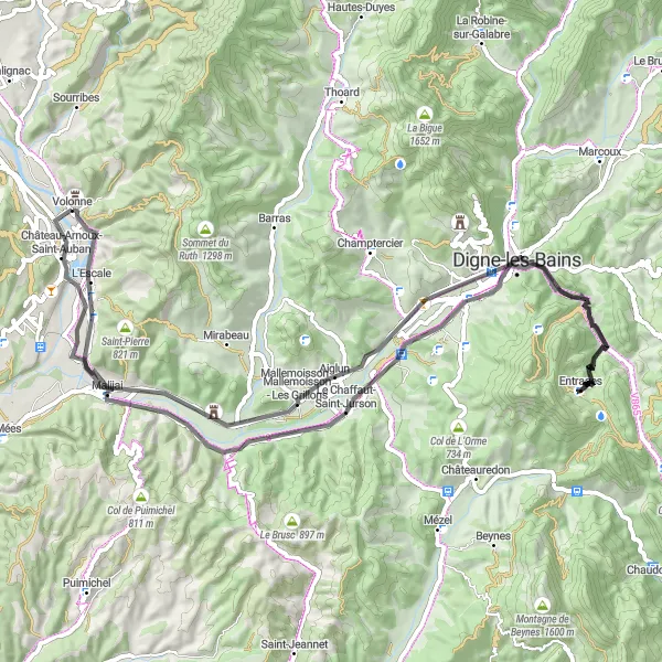 Zemljevid v pomanjšavi "Cestna kolesarska pot do Volonnea" kolesarske inspiracije v Provence-Alpes-Côte d’Azur, France. Generirano z načrtovalcem kolesarskih poti Tarmacs.app