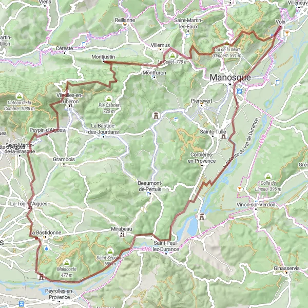 Miniatua del mapa de inspiración ciclista "Desafiante ruta de 101 km desde Volx" en Provence-Alpes-Côte d’Azur, France. Generado por Tarmacs.app planificador de rutas ciclistas