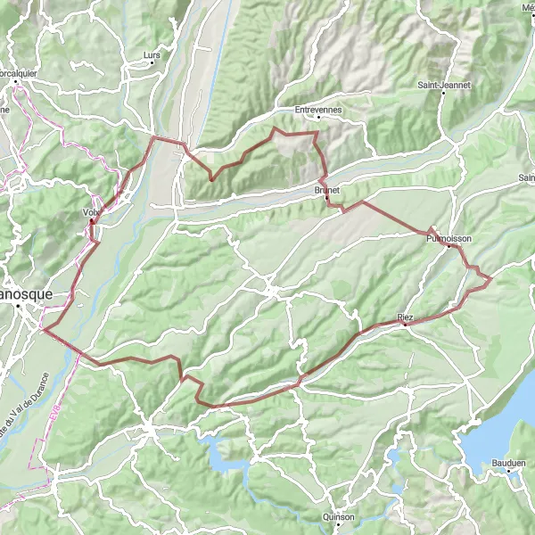 Miniatua del mapa de inspiración ciclista "Ruta de Grava Volx-Puimoisson" en Provence-Alpes-Côte d’Azur, France. Generado por Tarmacs.app planificador de rutas ciclistas
