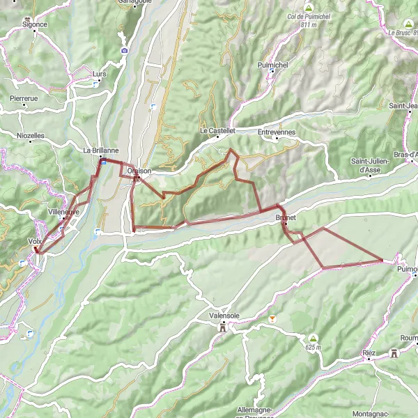 Miniatua del mapa de inspiración ciclista "Ruta panorámica de 70 km desde Volx" en Provence-Alpes-Côte d’Azur, France. Generado por Tarmacs.app planificador de rutas ciclistas