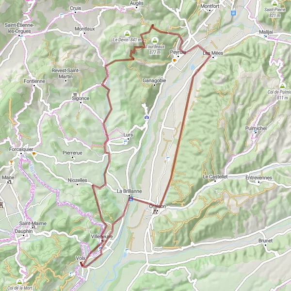 Miniatuurkaart van de fietsinspiratie "Pittoresk Peyruis Gravelavontuur" in Provence-Alpes-Côte d’Azur, France. Gemaakt door de Tarmacs.app fietsrouteplanner