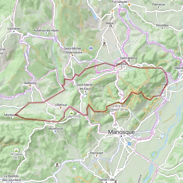 Miniatua del mapa de inspiración ciclista "Ruta escénica de gravel desde Volx" en Provence-Alpes-Côte d’Azur, France. Generado por Tarmacs.app planificador de rutas ciclistas