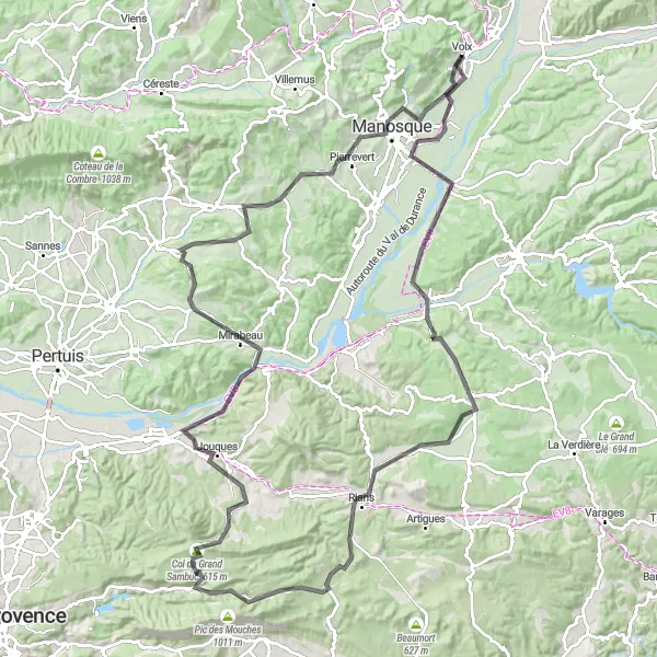 Miniatua del mapa de inspiración ciclista "Volx-Mont Carmel-Manosque Circuit" en Provence-Alpes-Côte d’Azur, France. Generado por Tarmacs.app planificador de rutas ciclistas