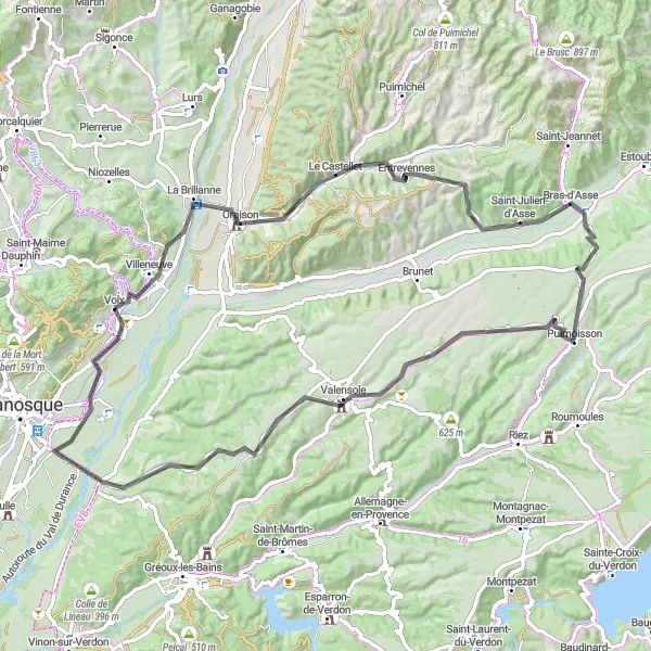 Miniatua del mapa de inspiración ciclista "Volx-Puimoisson-Valensole Loop" en Provence-Alpes-Côte d’Azur, France. Generado por Tarmacs.app planificador de rutas ciclistas