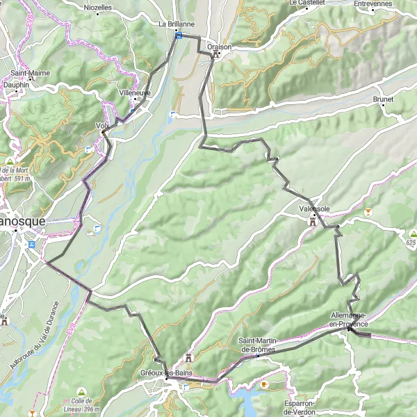Miniatua del mapa de inspiración ciclista "Ruta de ciclismo de carretera desde Volx" en Provence-Alpes-Côte d’Azur, France. Generado por Tarmacs.app planificador de rutas ciclistas