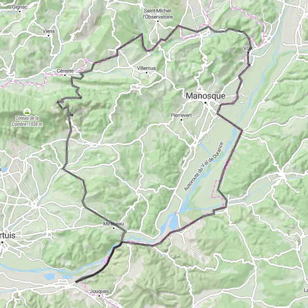 Zemljevid v pomanjšavi "Razburljiva pot okoli Vinon-sur-Verdon" kolesarske inspiracije v Provence-Alpes-Côte d’Azur, France. Generirano z načrtovalcem kolesarskih poti Tarmacs.app
