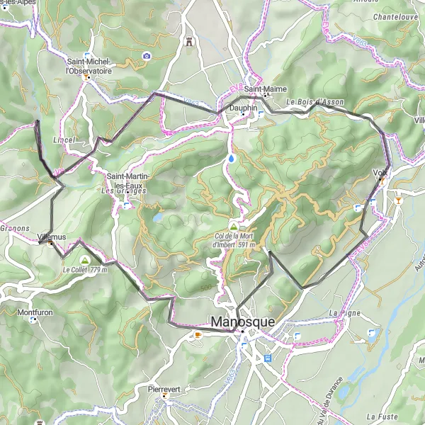Miniatua del mapa de inspiración ciclista "Ruta de Carretera Volx-Villemus" en Provence-Alpes-Côte d’Azur, France. Generado por Tarmacs.app planificador de rutas ciclistas