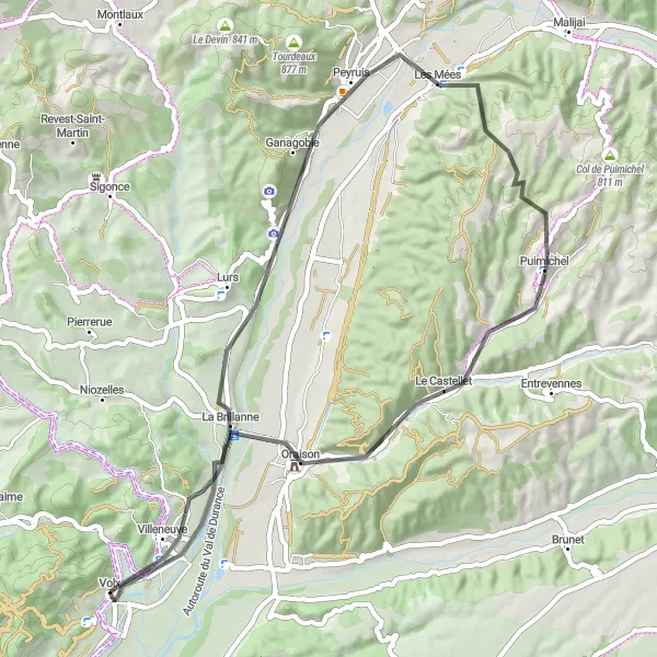 Miniatura mapy "Trasa wokół Volx przez Le Barry i Les Mées" - trasy rowerowej w Provence-Alpes-Côte d’Azur, France. Wygenerowane przez planer tras rowerowych Tarmacs.app