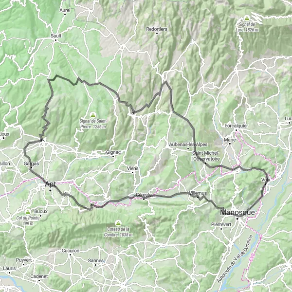 Miniatua del mapa de inspiración ciclista "Ruta de Carretera Volx-Château féodal" en Provence-Alpes-Côte d’Azur, France. Generado por Tarmacs.app planificador de rutas ciclistas