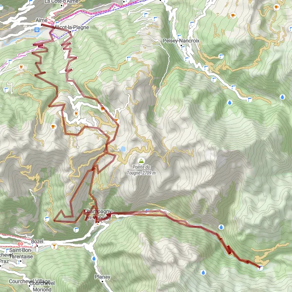 Miniatura mapy "Trasa Aime - Château Montmayeur - Le Martinet - Champagny-en-Vanoise - Friburge - Roc du Diable - Belle Plagne - Aime" - trasy rowerowej w Rhône-Alpes, France. Wygenerowane przez planer tras rowerowych Tarmacs.app