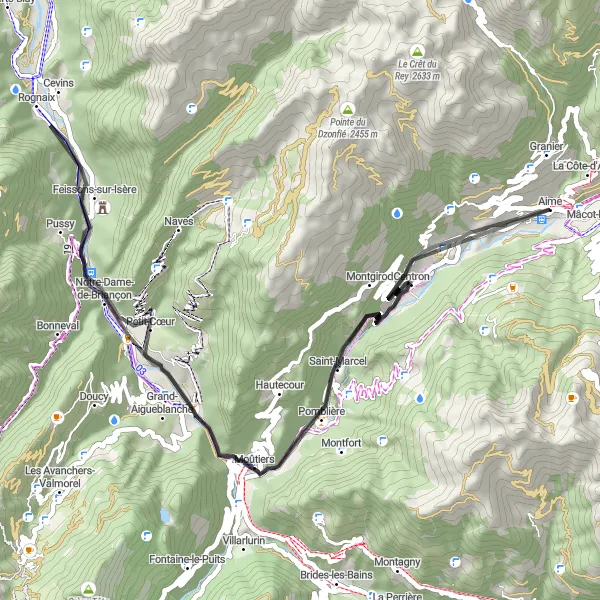 Miniatura mapy "Trasa Aime - Saint-Marcel - Cevins - Moûtiers - Aime" - trasy rowerowej w Rhône-Alpes, France. Wygenerowane przez planer tras rowerowych Tarmacs.app