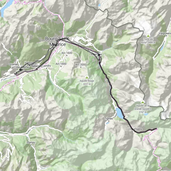 Miniatua del mapa de inspiración ciclista "Travesía por Val-d'Isère" en Rhône-Alpes, France. Generado por Tarmacs.app planificador de rutas ciclistas