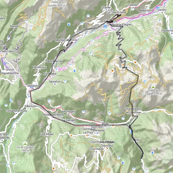 Map miniature of "The Plagne Valley Ride" cycling inspiration in Rhône-Alpes, France. Generated by Tarmacs.app cycling route planner