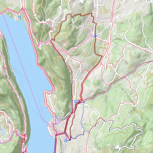 Karttaminiaatyyri "Gravel-seikkailu järvimaisemissa" pyöräilyinspiraatiosta alueella Rhône-Alpes, France. Luotu Tarmacs.app pyöräilyreittisuunnittelijalla