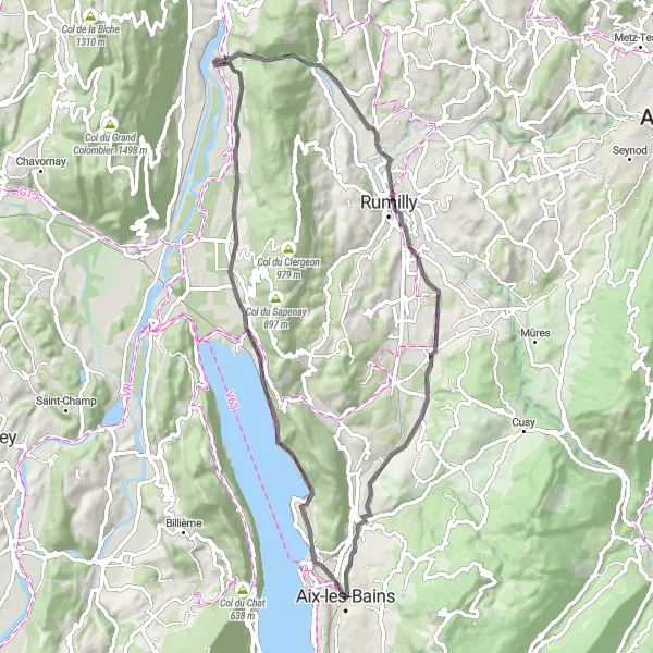 Zemljevid v pomanjšavi "Kolesarska pot okoli jezera Bourget" kolesarske inspiracije v Rhône-Alpes, France. Generirano z načrtovalcem kolesarskih poti Tarmacs.app