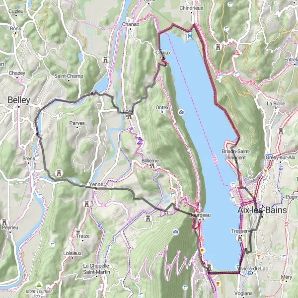 Miniatura della mappa di ispirazione al ciclismo "Giro in bicicletta da Aix-les-Bains" nella regione di Rhône-Alpes, France. Generata da Tarmacs.app, pianificatore di rotte ciclistiche