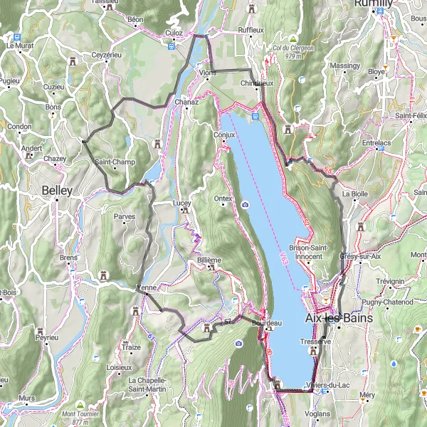 Miniatura della mappa di ispirazione al ciclismo "Giro in bicicletta da Aix-les-Bains" nella regione di Rhône-Alpes, France. Generata da Tarmacs.app, pianificatore di rotte ciclistiche