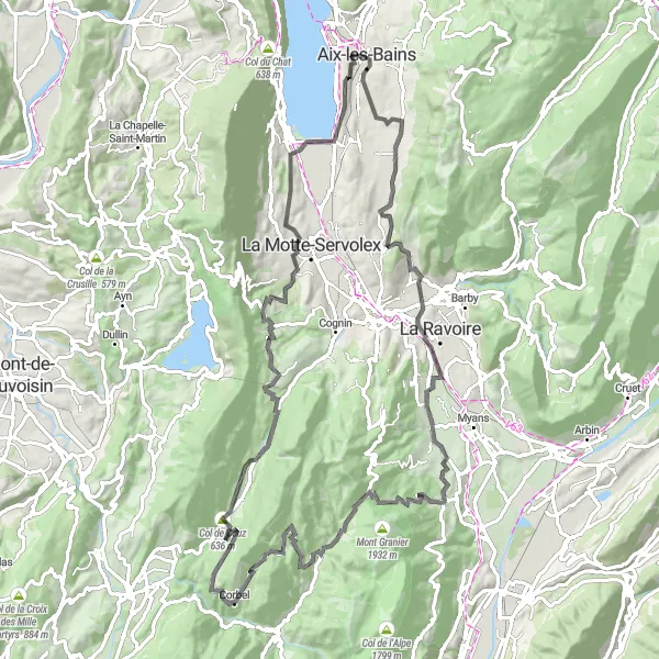 Miniatua del mapa de inspiración ciclista "Ruta de las Cumbres" en Rhône-Alpes, France. Generado por Tarmacs.app planificador de rutas ciclistas