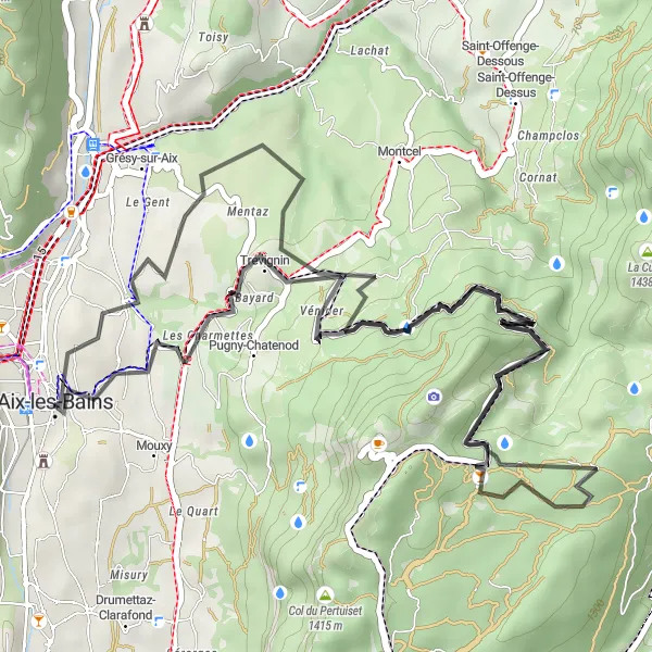 Zemljevid v pomanjšavi "Odkrivanje naravnih lepot v okolici Aix-les-Bains" kolesarske inspiracije v Rhône-Alpes, France. Generirano z načrtovalcem kolesarskih poti Tarmacs.app