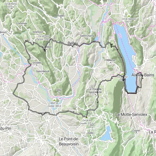 Map miniature of "Exploring the Scenic Routes near Aix-les-Bains" cycling inspiration in Rhône-Alpes, France. Generated by Tarmacs.app cycling route planner