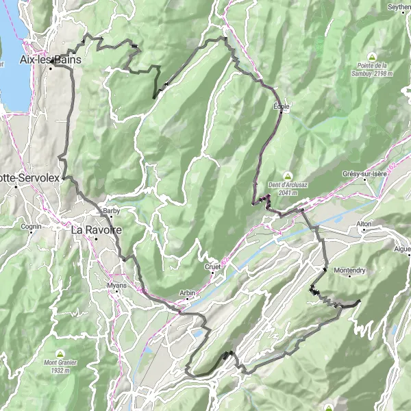 Zemljevid v pomanjšavi "Umetnost vztrajnosti v okolici Aix-les-Bains" kolesarske inspiracije v Rhône-Alpes, France. Generirano z načrtovalcem kolesarskih poti Tarmacs.app