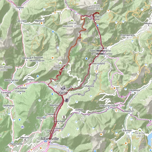 Miniaturekort af cykelinspirationen "Grusvejstur fra Albertville til Conflans" i Rhône-Alpes, France. Genereret af Tarmacs.app cykelruteplanlægger