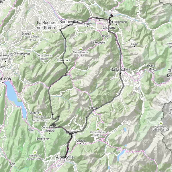 Miniaturekort af cykelinspirationen "Alpine Loop fra Albertville" i Rhône-Alpes, France. Genereret af Tarmacs.app cykelruteplanlægger