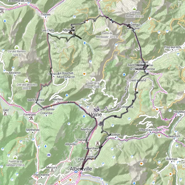 Miniaturekort af cykelinspirationen "Udfordrende Bjergtur fra Albertville" i Rhône-Alpes, France. Genereret af Tarmacs.app cykelruteplanlægger