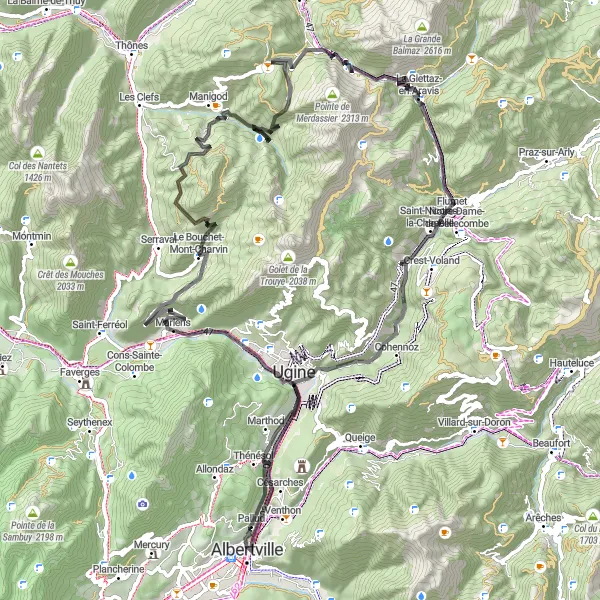 Miniatuurkaart van de fietsinspiratie "Albertville naar Thénésol" in Rhône-Alpes, France. Gemaakt door de Tarmacs.app fietsrouteplanner