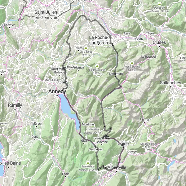 Zemljevid v pomanjšavi "Izzivi poti do Col de Tamié" kolesarske inspiracije v Rhône-Alpes, France. Generirano z načrtovalcem kolesarskih poti Tarmacs.app